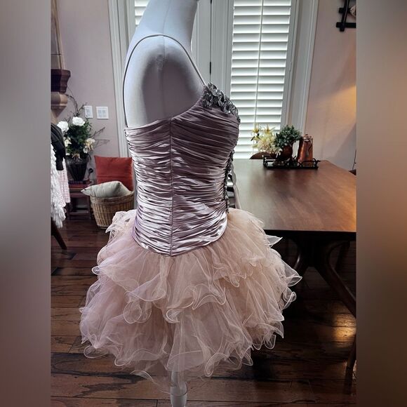 Sherri Hill Beaded Tulle Mini Dress Nude Taupe Rhinestone Corset Size 8 Glam - Picture 12 of 16